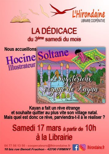 Affiche Dédicace Hocine Soltane Librairie L'Hirondaine Firminy 17 mars 2018