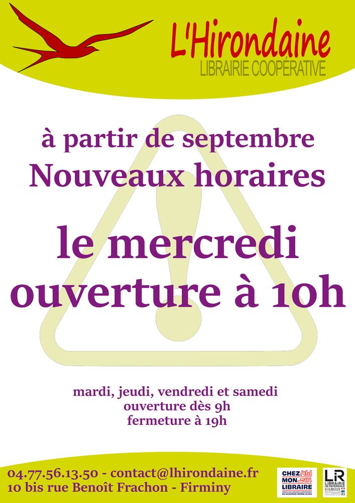 librairie l'hirondaine nouveaux horaires mercredi ouverture à 10h