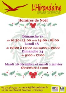 Librairie-hirondaine-Firminy-horaires - décembre- 2023