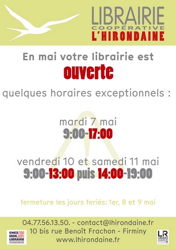 Librairie-L'Hirondaine-Firminy-Horaires des Ponts 7 au 11 mai 2024